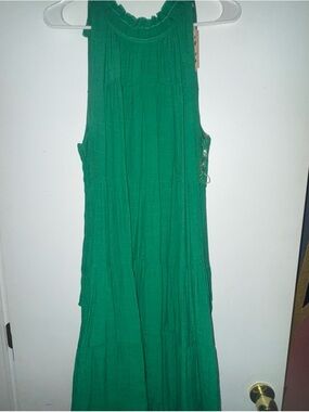 Cracker Barrel Green Sleeveless Maxi Dress with Ruffle Neck